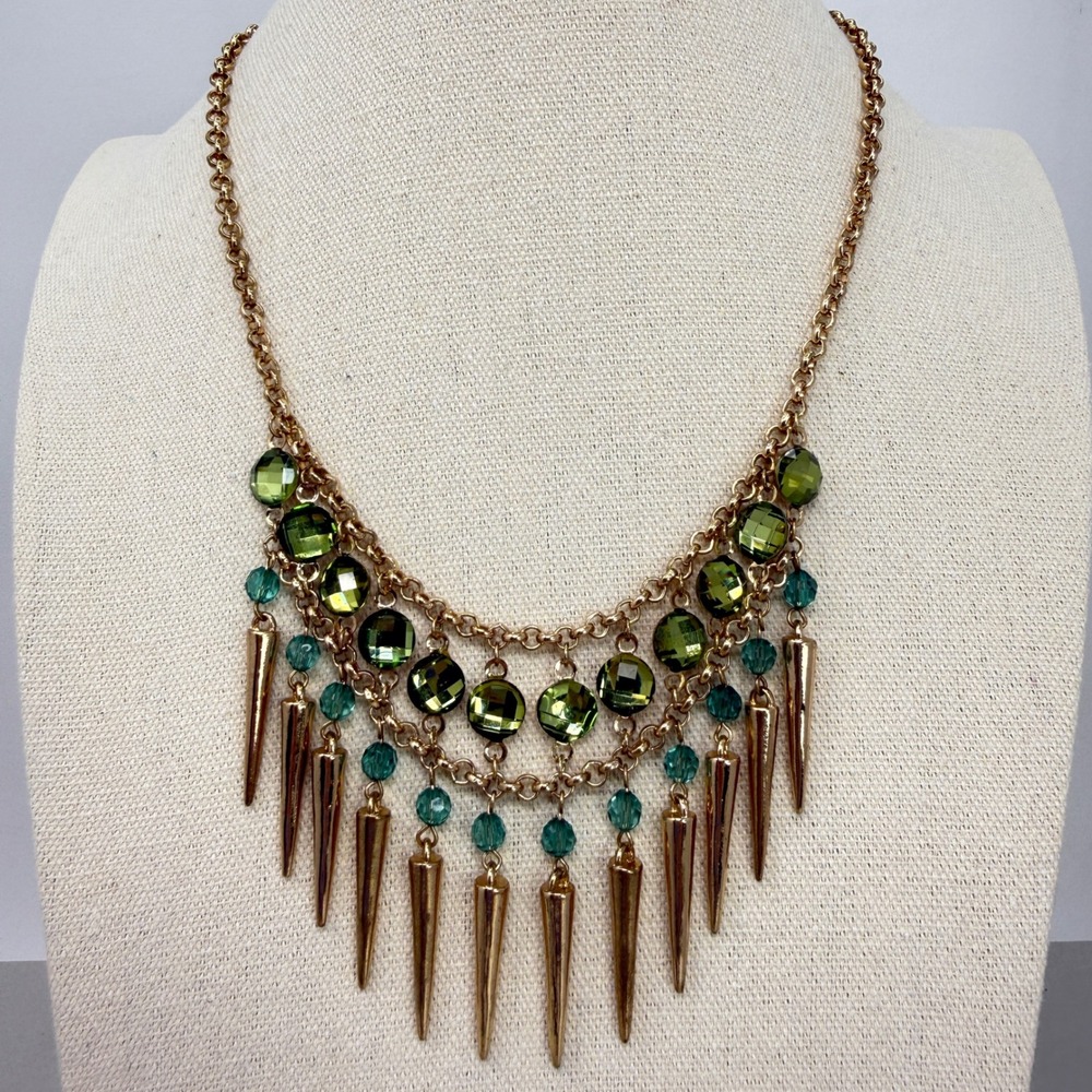 Spike Bib Necklace Green Teal Crystal Statement Jewelry Gold Tone
